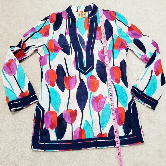 Tory Burch Tunic Top Size S Multicolor Floral Print 100% Cotton Boho Popover - Picture 9 of 15